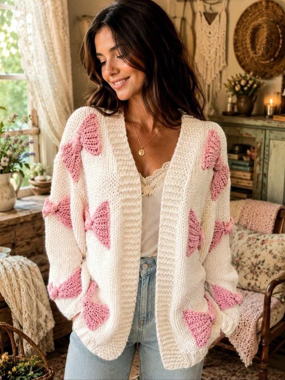 Altar'd State Victoria Bow Cardigan Cream Pink Knit Open Front Sweater Size XS